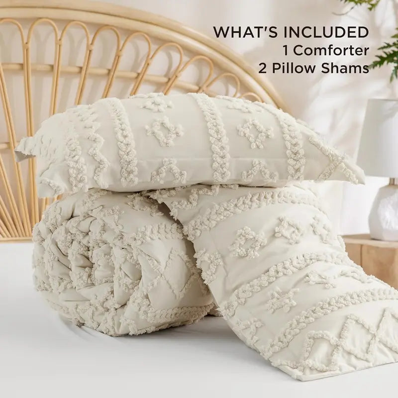 Tufted Boho Comforter Set - 3pc Shabby Chic Farmhouse Bedding
