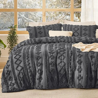 Tufted Boho Comforter Set - 3pc Shabby Chic Farmhouse Bedding